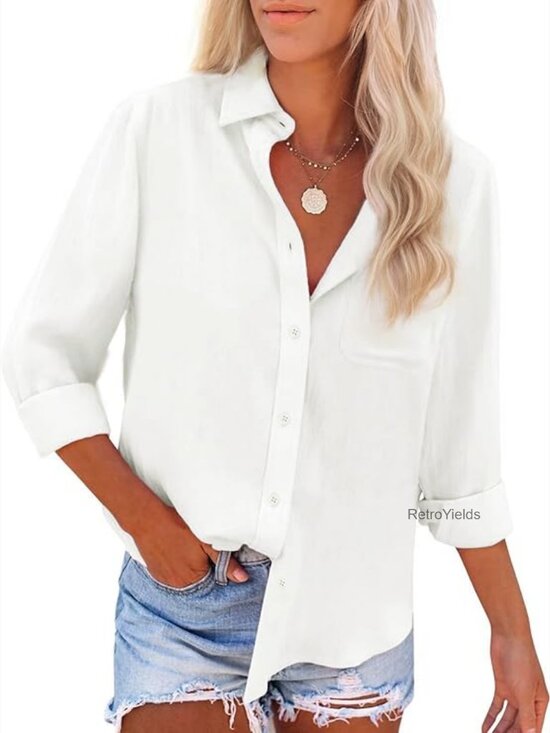 Tops - Button Down Shirts Cotton Linen Long Sleeve Dress Shirts Casual Summer Tops